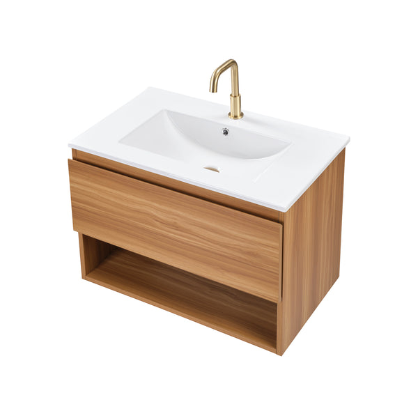 English Elm 24 Inch Floating Bathroom Vanity Fluted Walnut Cabinet with Ceramic Sink Modern W3520S00041