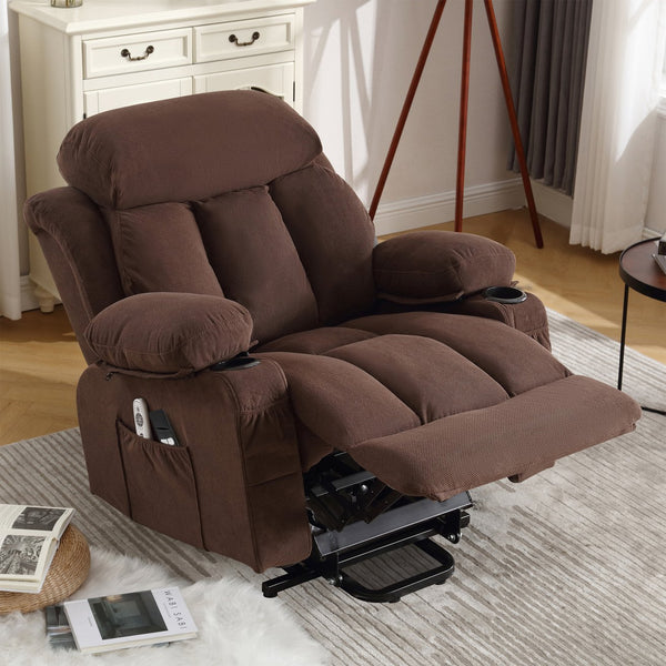 English Elm Power Lift Recliner Chair with Heat & 4-Point Massage, USB Port, Cup Holders, Remote for Living Room Brown W1521P303243