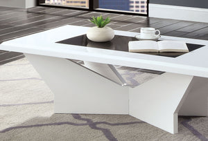 English Elm White glossy end table with geometric base and black tempered glass insert for modern statement decor White 52 L x 32 W x 5 H B2741P362596