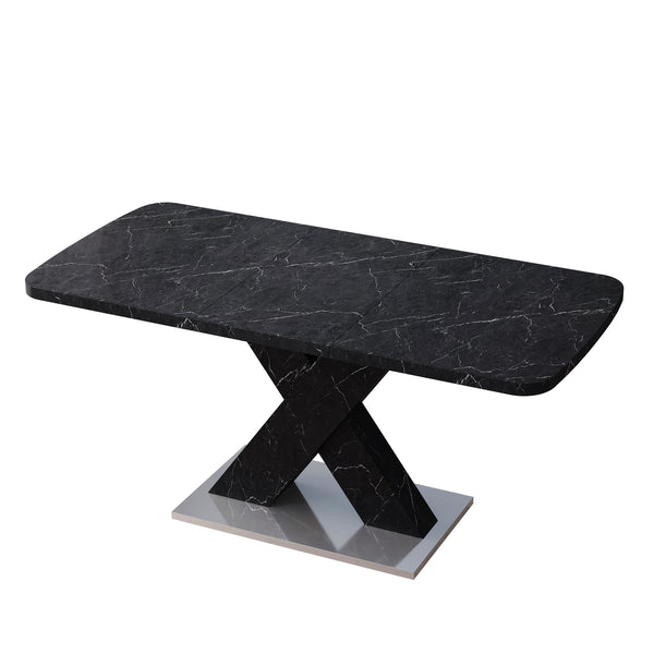 English Elm Modern Rectangle Dining Table - Stretchable Black Marble Top With X-Shape Mdf Legs & Metal Base W757P242762