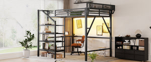 English Elm Queen Metal Loft Bed with Staircase Storage Foldable Desk and Built-in Charging W2580S00073