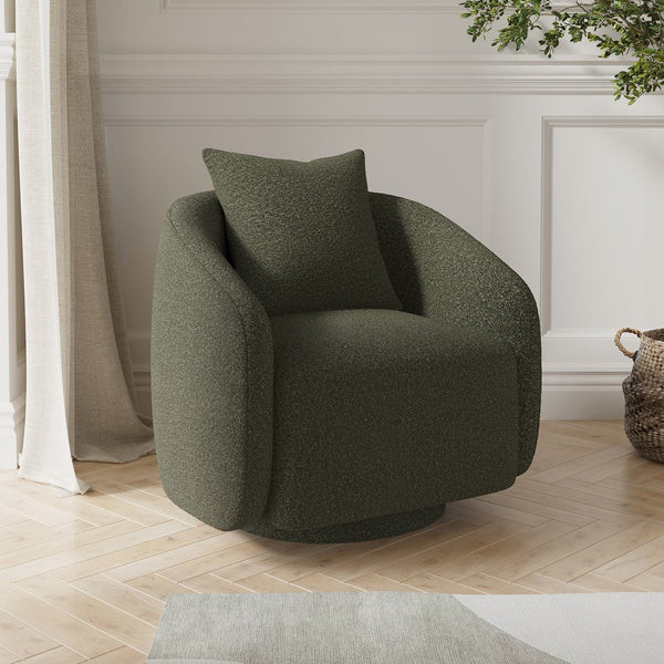 English Elm Swivel Barrel Armchair in Teddy Fabric with Lumbar Pillow and Solid Wood Legs Green T3623P430704