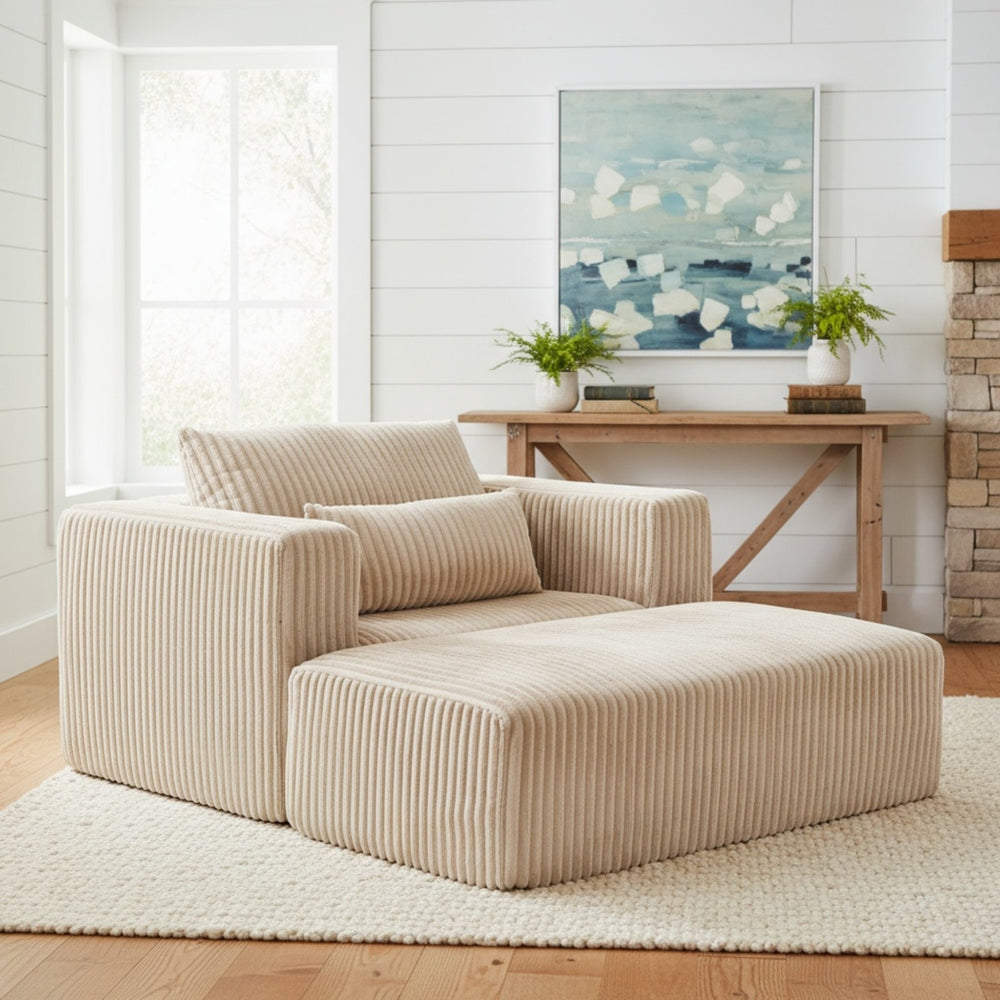 English Elm Oversized Corduroy Floor Lounge Chair with Modular Ottoman All Foam Deep Seat Beige W3326S00026