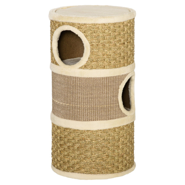 English Elm PawHut 3-Story Cat Condo Barrel House with Sisal Scratcher, Plush Lined Hideaway for Indoor Cats W2225P229193