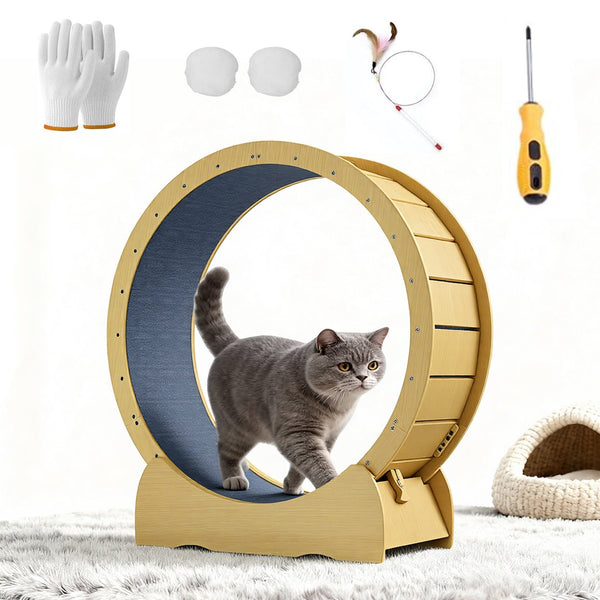 English Elm Cat 42" Exercise Wheel for Indoor Cats - Solid Acacia Wood, Quiet TPE Rollers, Anti-Pinch Design & Lockable Safety W2500P293097