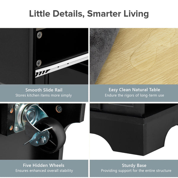 English Elm K&K Rustic Kitchen Island Cart with 6 Drawers, Pull-Out Trash Cabinet, Drop Leaf & Built-In Charging Station Black N707P307292B