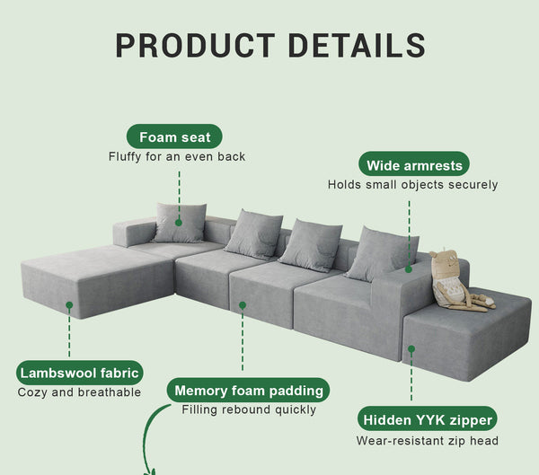 English Elm Modular Cloud Sectional Sofa with Corduroy Upholstery and Two Ottomans for Living Room W3341S00002