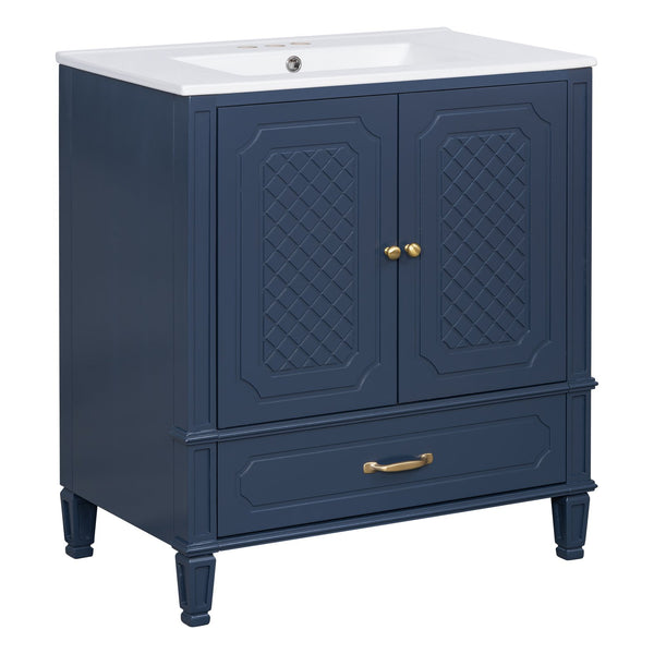 English Elm [video] 30 Inch Bathroom Vanity Acacia Wood Vintage Style Ceramic Sink Soft Close Storage N759P313313C