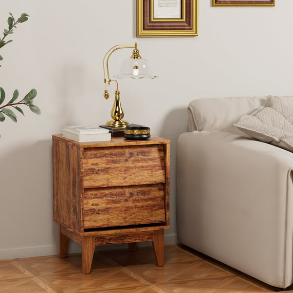 English Elm 2 Nightstands Vintage Bevel Design with Hidden Drawer Pulls and Solid Wood Legs for Stable Style Brown W578P192477