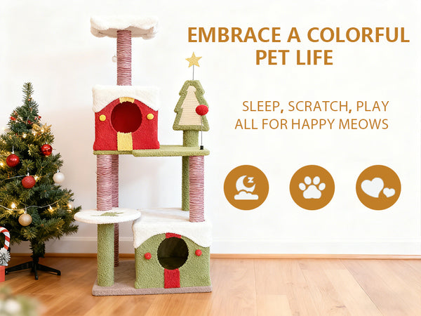 English Elm Cy14 Christmas Tree Cat Tower Plush Multi-level Condo Climbing Scratching Post W243P382850