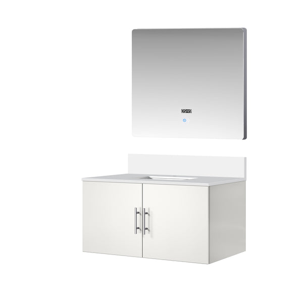 English Elm Glossy White Bath Vanity Set With Cultured Marble Top & 36 In. Led Mirror For Modern Bathrooms B2731S00763
