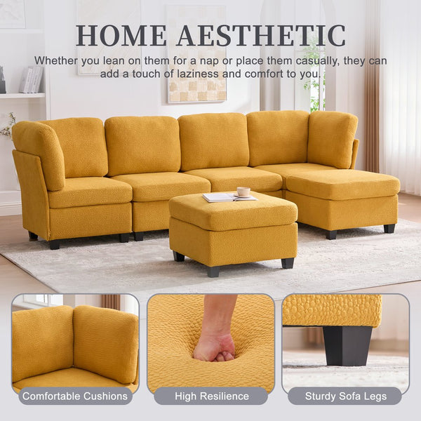 English Elm UNITED Modular 6-Seat Sectional Sofa with Removable Ottoman, Storage Compartments, Convertible Comfort Mustard yellow W1568S00247
