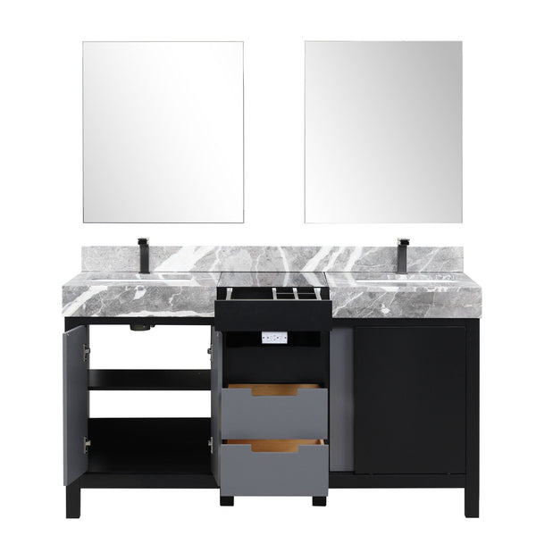 English Elm Black Double Bath Vanity 60" With Castle Grey Marble Top, Gun Metal Faucets & 28" Matching Mirrors B2731S01154