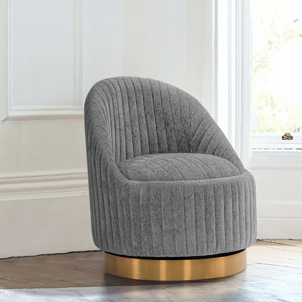 English Elm Leela Plush Chenille Swivel Lounge Chair with Brushed Gold Base, Ribbed Stitching, 440lb Capacity Grey B365P397962