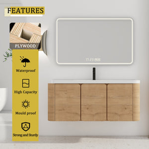 English Elm 48" Floating Bathroom Vanity Dual Ceramic Vessel Sinks Oak Finish Soft Close Doors W999S00507