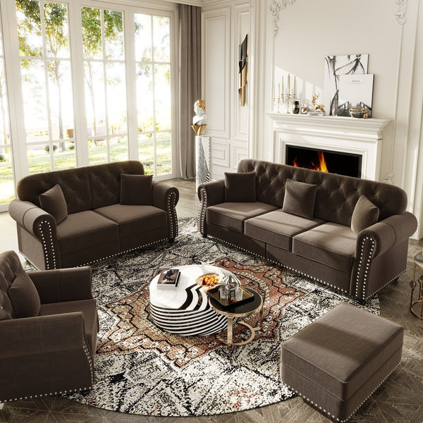English Elm Upholstered Velvet Chesterfield Sofa Set with Button Tufting Nailhead Trim and Ottoman Brown W1885S00389