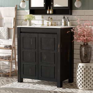 English Elm 30" Rustic Bathroom Vanity Espresso with Ceramic Sink, Soft-Close Doors, Adjustable Shelves, Open-Back Plumbing-Friendly Storage N729P290712P