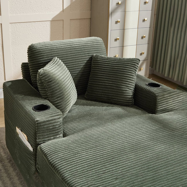 English Elm [New]Corduroy Upholstered Chaise Lounge Sofa with Detachable Cushions, Deep Seat, Cup Holders Green W2120P322754