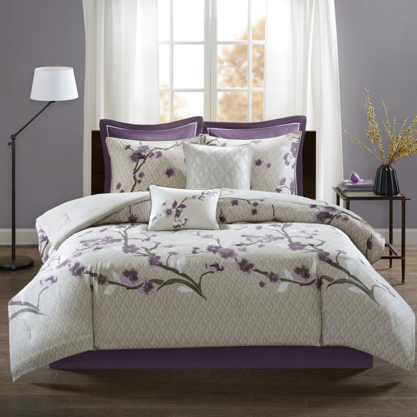 English Elm 8 Piece Cotton Comforter Set Holly Queen - Purple Taupe Floral Diamond Sateen, OEKO-TEX Certified B03596977
