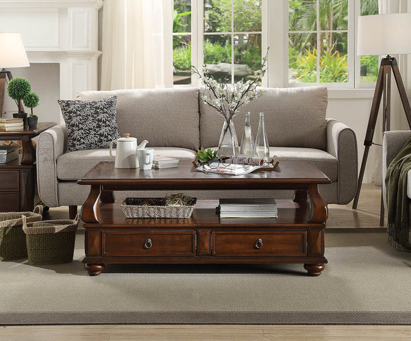 English Elm Walnut 4-Drawer Coffee Table with Shelf — Spacious Storage, Felt-Lined Drawers, Classic Walnut Finish B062P209056