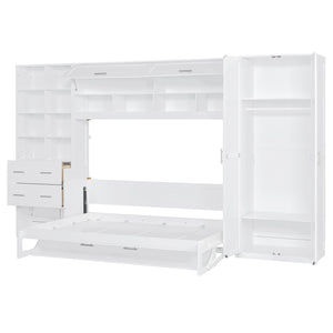 English Elm Full Size Murphy Wall Bed with Wardrobe Drawers Shelving for Studio Apartments LP000383AAK