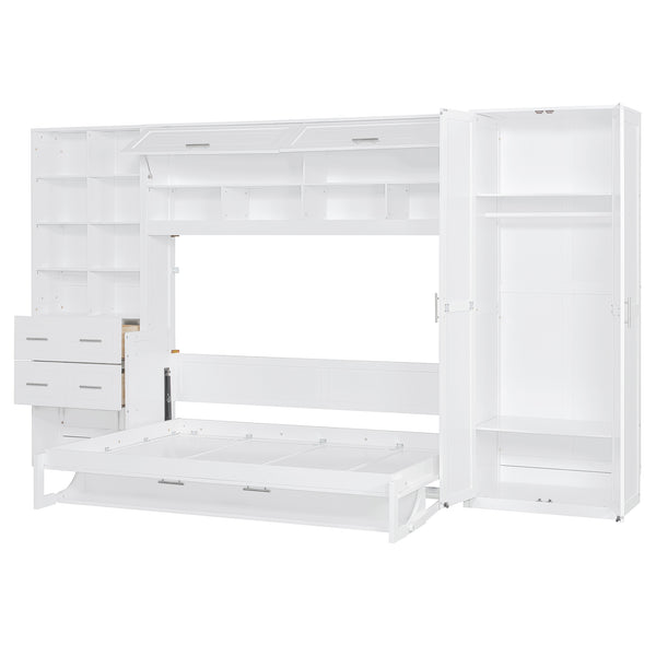 English Elm Full Size Murphy Wall Bed with Wardrobe Drawers Shelving for Studio Apartments LP000383AAK