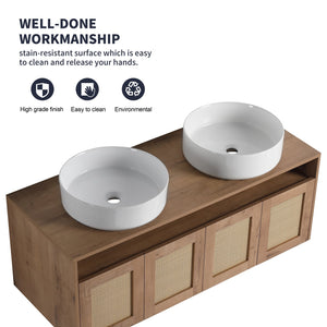English Elm 48" Imitative Oak Wall Mounted Bathroom Vanity with Ceramic Art Sink, Plywood, 4 Soft-Close Doors, Modern Float Design W999S00399