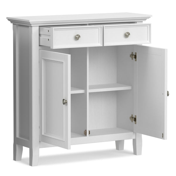 English Elm Amherst White Pine Entryway Cabinet with Crown Molding Two Drawers and Storage Doors B136P436048