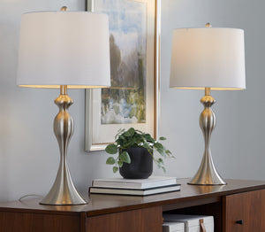English Elm 27" Brushed Nickel Hourglass Table Lamps with Linen Shades for Bedroom or Living Room B202P224091