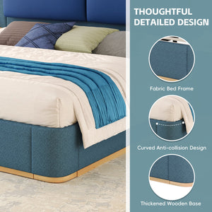 English Elm Christopher Knight Home® - King PU Leather Bed Frame with Wingback Headboard & Footboard, Gold Accents, Platform Slat Support, Elegant Design Blue 76.4 L x 12.75 W x 8.75 H N761S0000024C