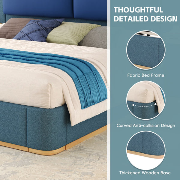 English Elm Christopher Knight Home® - King PU Leather Bed Frame with Wingback Headboard & Footboard, Gold Accents, Platform Slat Support, Elegant Design Blue 76.4 L x 12.75 W x 8.75 H N761S0000024C