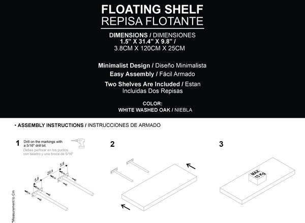 English Elm Greer Floating Shelf Melamine - Modern Minimalist Wall-Mounted 47.3" x 9.8" White Washed Oak Finish Multicolor 47.2 L x 10.2 W x 3.5 H B128P375308