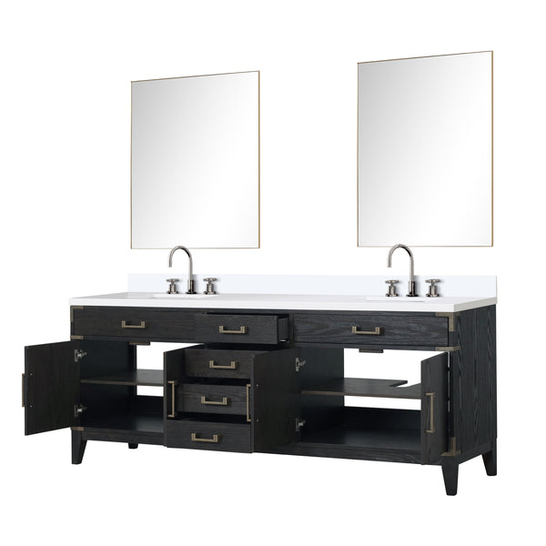 English Elm Black Oak Double Bath Vanity With White Quartz Top, Chrome Faucet Set & 36” Mirrors For Luxury Style B2731S02194