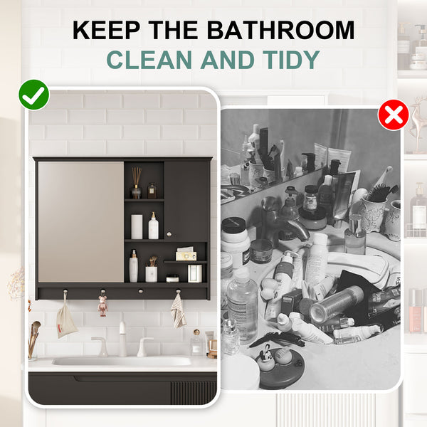 English Elm 36 Inch Wall Mounted Medicine Cabinet with HD Mirror, Adjustable Shelves, Towel Hooks, Modern Style Black N710P254924B