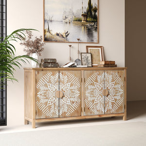 English Elm 60"Wood Vintage Accent Cabinet 4 Doors Antique Brown & White MDF Buffet Console for Living Room Storage W2295P306897