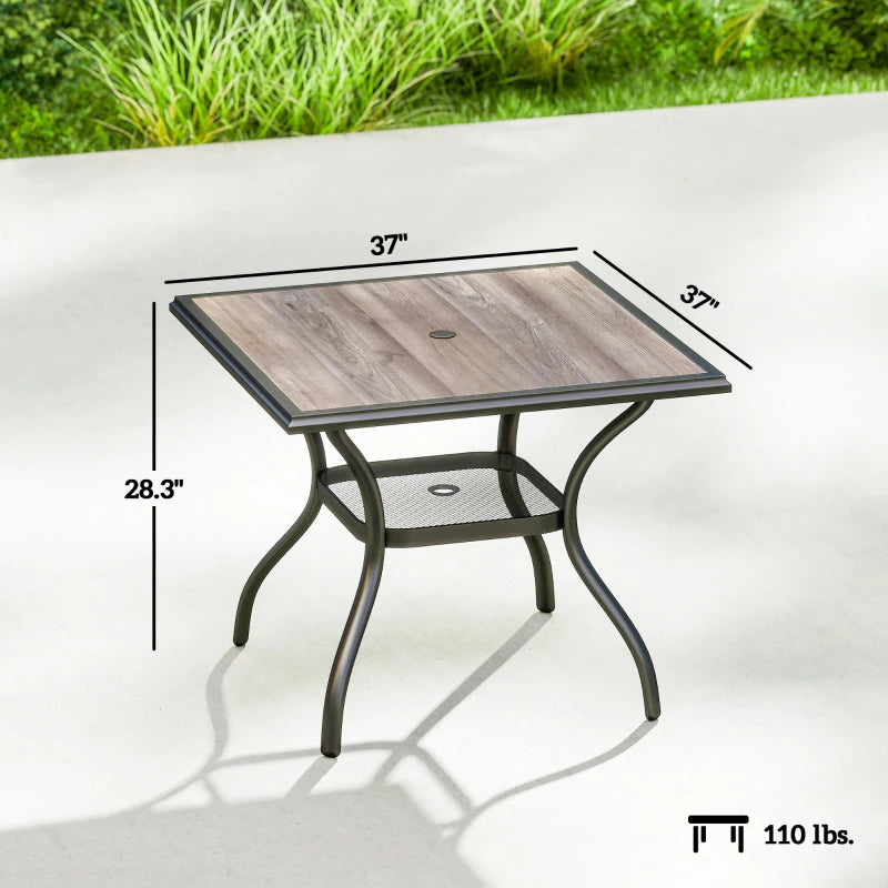 English Elm Garden Square Patio Dining Table Faux Wood Grain Steel Frame Umbrella Ready Seats Four T3971P466794