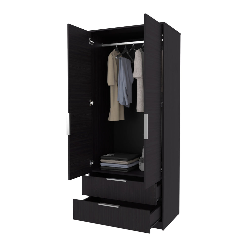 English Elm Forest 2 Door Wardrobe with Hanging Rod & 2 Drawers, Wengue — Compact Melamine Storage with Metal Handles, 74.4"H x 31.5"W x 20.5"D B128S00176