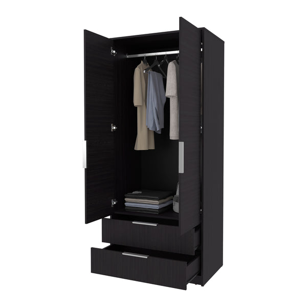 English Elm Forest 2 Door Wardrobe with Hanging Rod & 2 Drawers, Wengue — Compact Melamine Storage with Metal Handles, 74.4"H x 31.5"W x 20.5"D B128S00176