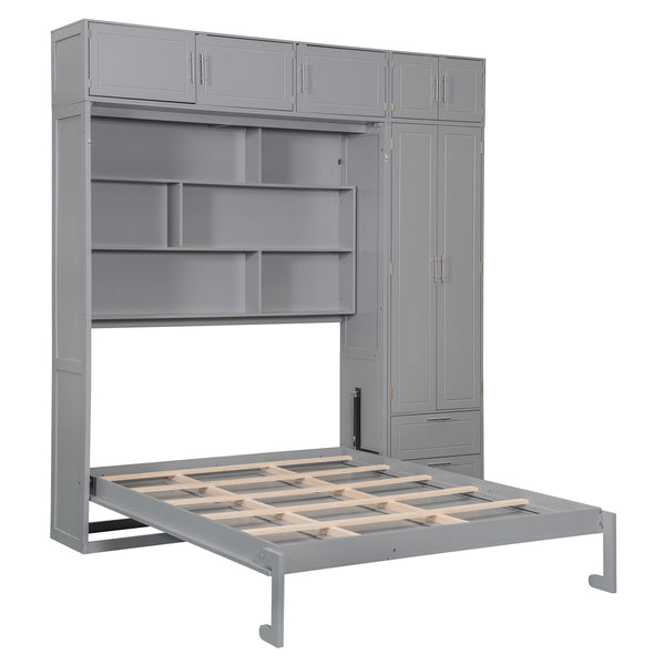 English Elm Queen Murphy Bed with Integrated Desk Cabinet Shelves Space Saving Studio Solution Gray N708S00022E-3