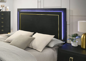English Elm Contemporary Queen Bedroom Set Matte Black Wood Gold Legs Led Headboard Nightstands B2741S00157