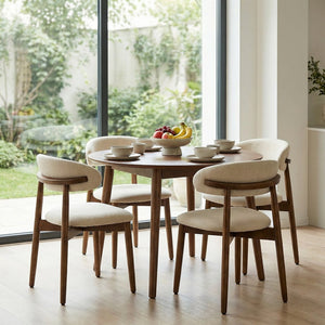 English Elm Wooden Upholstered Dining Chairs Set of 2 Linen Fabric Curved Back Farmhouse Style Beige W3204P456998