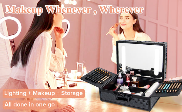 English Elm Portable Led Vanity Makeup Case Aluminum Travel Organizer with Mirror Lock Dividers W1550P163305