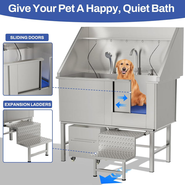 English Elm 50instainless Steel Pet Grooming Tub with Ramps Soap Box and Welded Seamless Basin W3190S00001