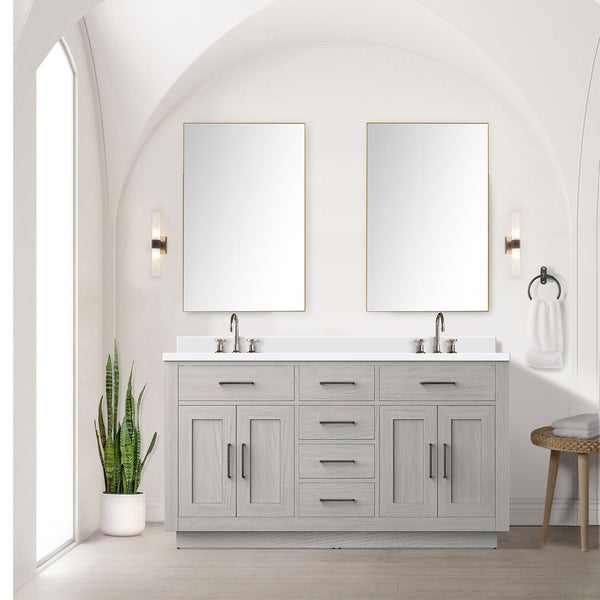 English Elm White Oak Double Bath Vanity 60 in W x 22 in D with Cultured Marble Top, Chrome Faucets, Soft-Close Cabinets B2731P257766