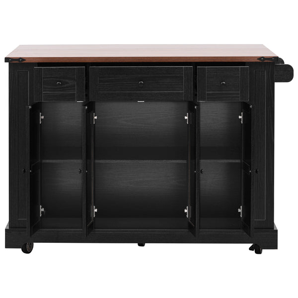English Elm K&K 53" Farmhouse Kitchen Island with Drop Leaf, Tempered Glass Doors, Power Outlet, Rolling Cart Black N707P263637B