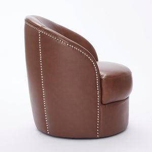 English Elm Brown Top-Grain Leather Swivel Accent Chair with 360° Silent Spin, Riveted Mid-Century Lounge, Sturdy 150kg Base W570P386950