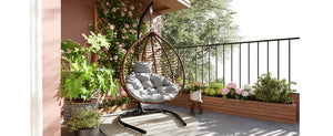 English Elm U_style Wicker Hanging Egg Chair with Stand Foldable Indoor Outdoor Swing Seat Brown+Gray N711P389502G
