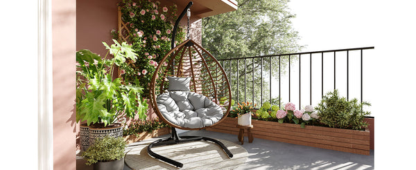 English Elm U_style Wicker Hanging Egg Chair with Stand Foldable Indoor Outdoor Swing Seat Brown+Gray N711P389502G