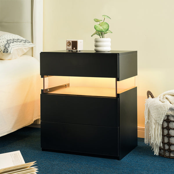 English Elm Led Nightstand with Rgb Acrylic Glow Panel Three Drawers Walnut Bedroom Table Black W2178P412306