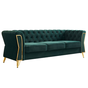 English Elm Modern Tufted Velvet Sofa 87.4" Green — Mid-Century Chesterfield Charm, Gold Accents, Plush Comfort W579P330003